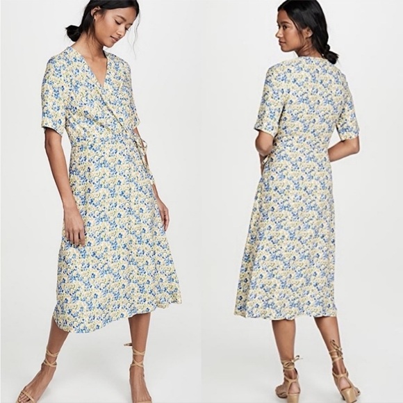 A.P.C. Tops - A.P.C. Mathilda Floral Midi Dress Dab Jaune Clair Blue Yellow Faux Wrap US 6